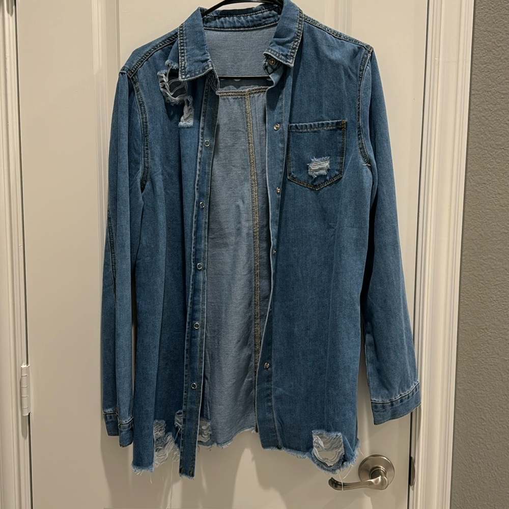 Distressed denim button up shirt! Brand new with tags!